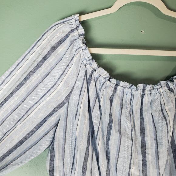 Lane Bryant Blue White Metallic Stripe Linen Blend Coastal Ruffle Top Size 18/20 - Picture 4 of 6